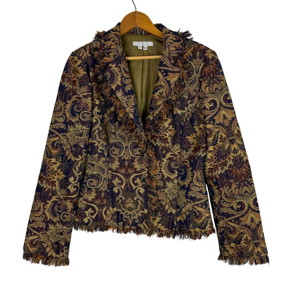 Vtg Brocade Tapestry Blazer Jacket Medium Floral Paisley Earth Tones Fringe 90s